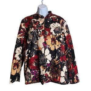 Chico's Floral Printed Button-Front Jacket in Black, Red, Cream, Gold